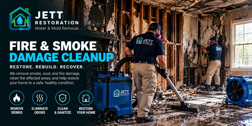 Technicians removing soot and debris from a fire-damaged room