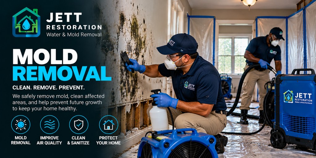 Mold remediation crew cleaning a contaminated wall and drying the room