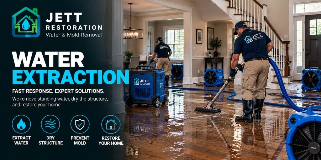Jett Restoration crew extracting standing water from a hardwood floor