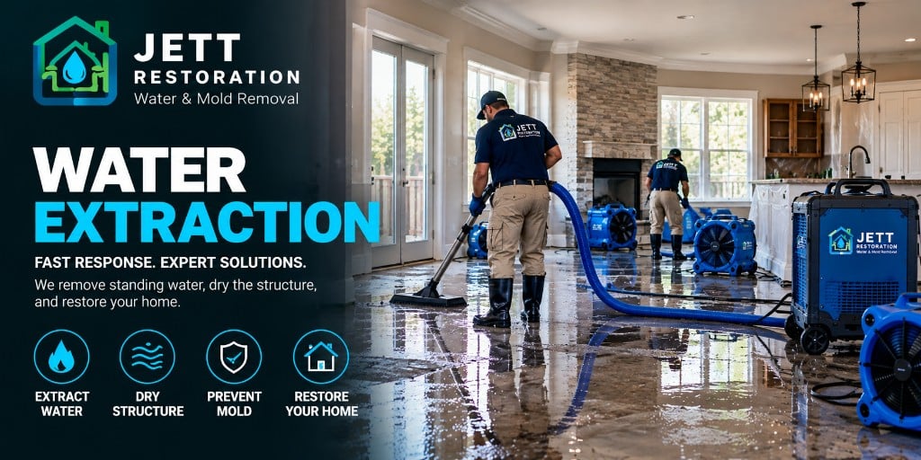 Technicians drying a flooded living room with air movers and a dehumidifier